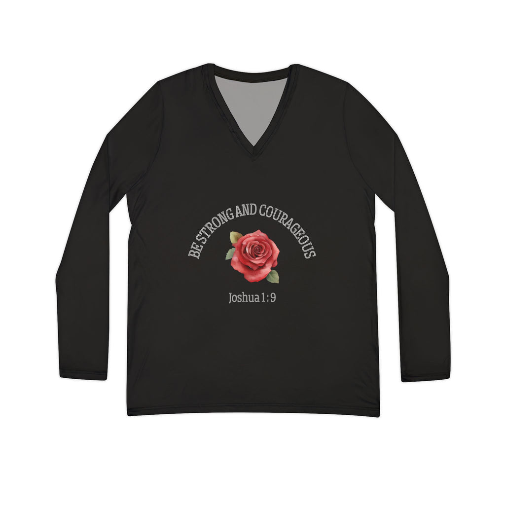 Women’s V-Neck Long Sleeve Shirt — "Be Strong and Courageous" Joshua 1:9 Rose Design (Black)