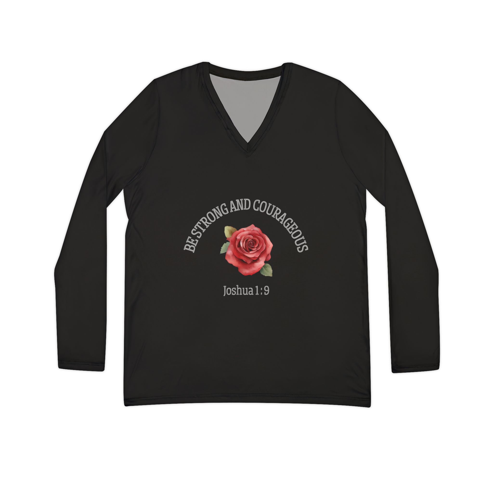 Women’s V-Neck Long Sleeve Shirt — "Be Strong and Courageous" Joshua 1:9 Rose Design (Black)