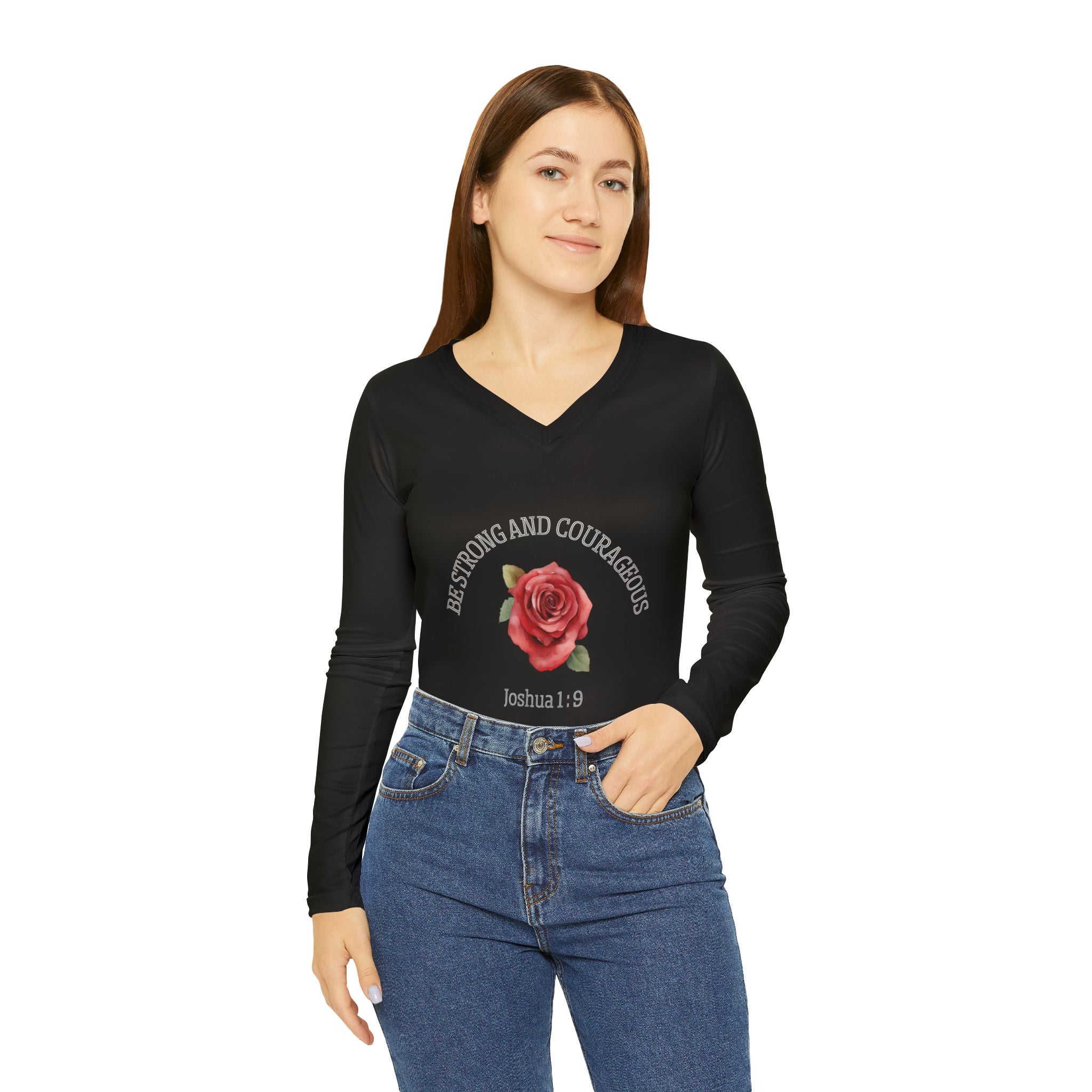 Women’s V-Neck Long Sleeve Shirt — "Be Strong and Courageous" Joshua 1:9 Rose Design (Black)