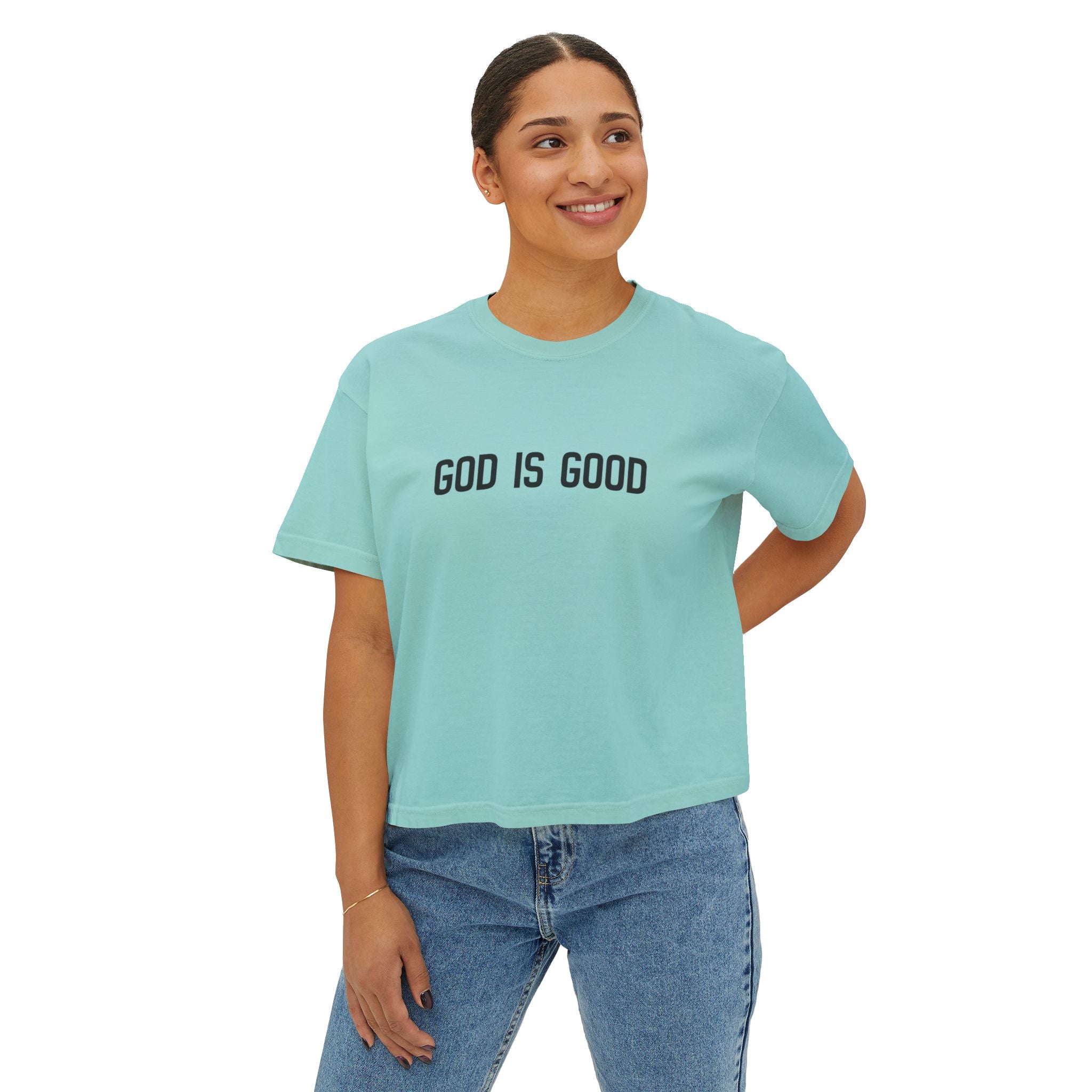 God Is Good Women's Boxy Tee — Faith-Based Casual Crop Top