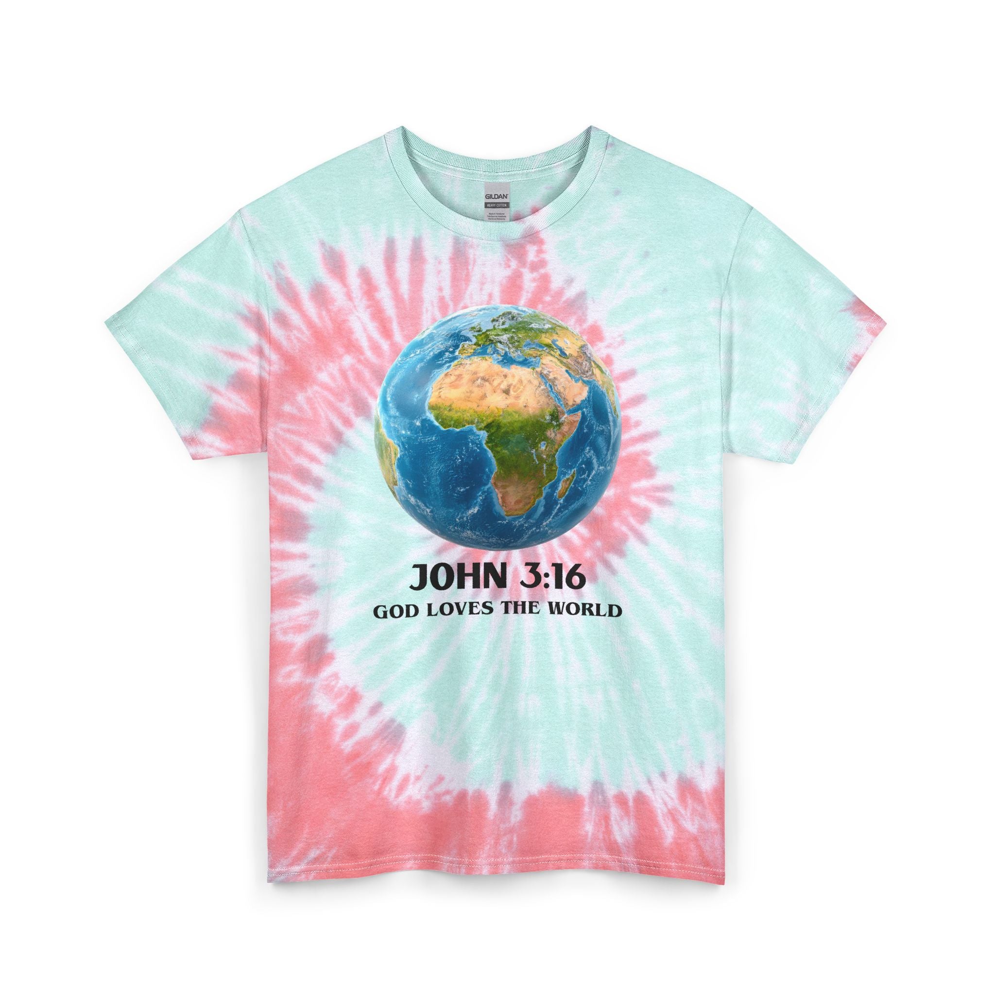 Tie Dye Tee — Earth Globe "John 3:16 God Loves the World" Christian Graphic Shirt