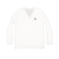 Women’s V‑Neck Long Sleeve Shirt — Minimal Christian Verse Design (Romans 8:28)