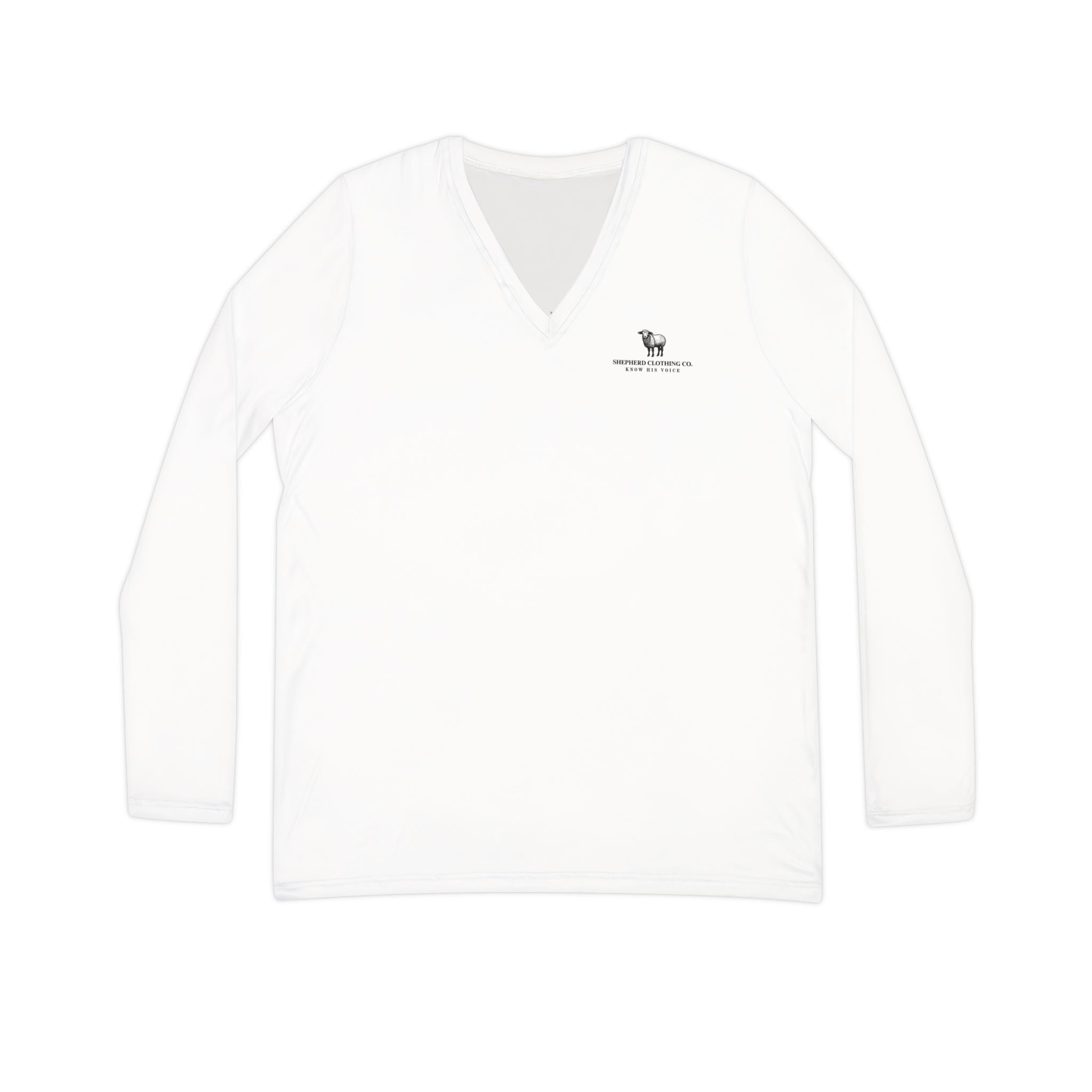 Women’s V‑Neck Long Sleeve Shirt — Minimal Christian Verse Design (Romans 8:28)