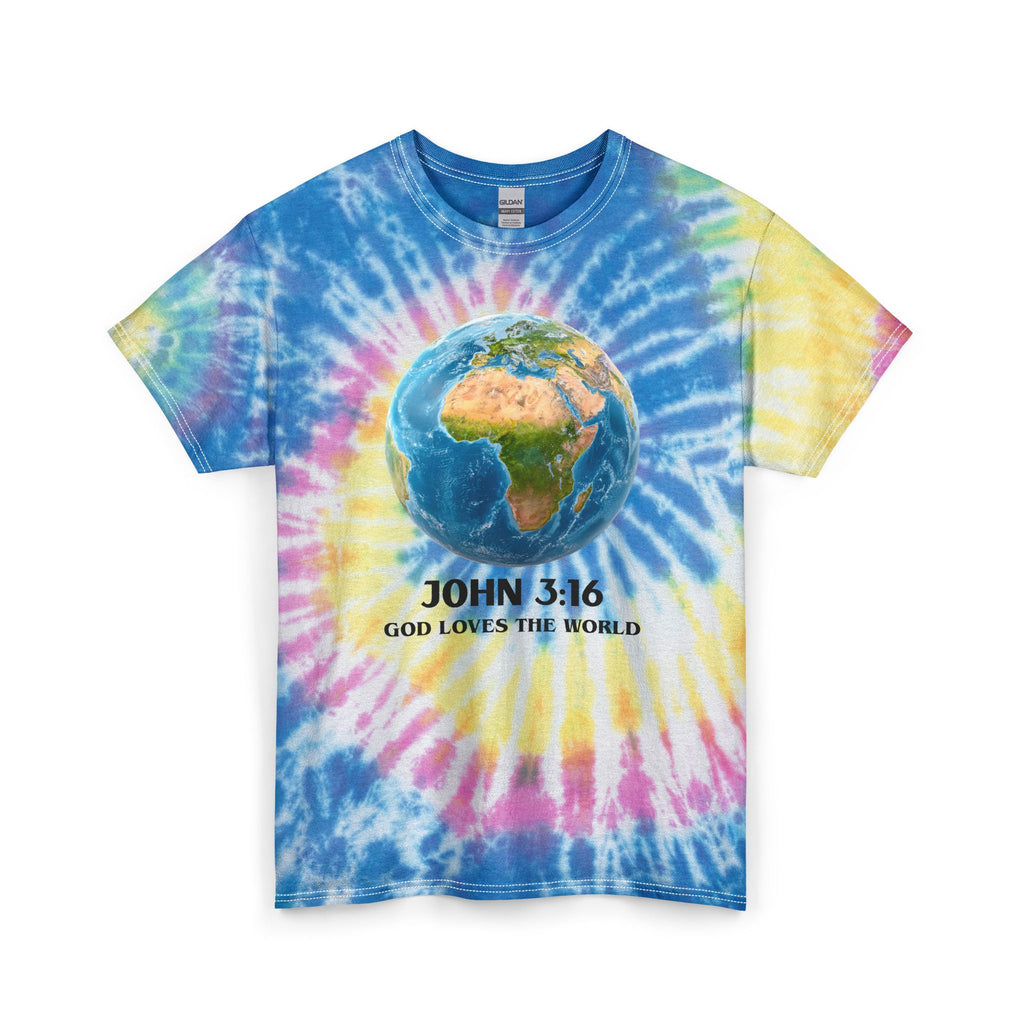 Tie Dye Tee — Earth Globe "John 3:16 God Loves the World" Christian Graphic Shirt
