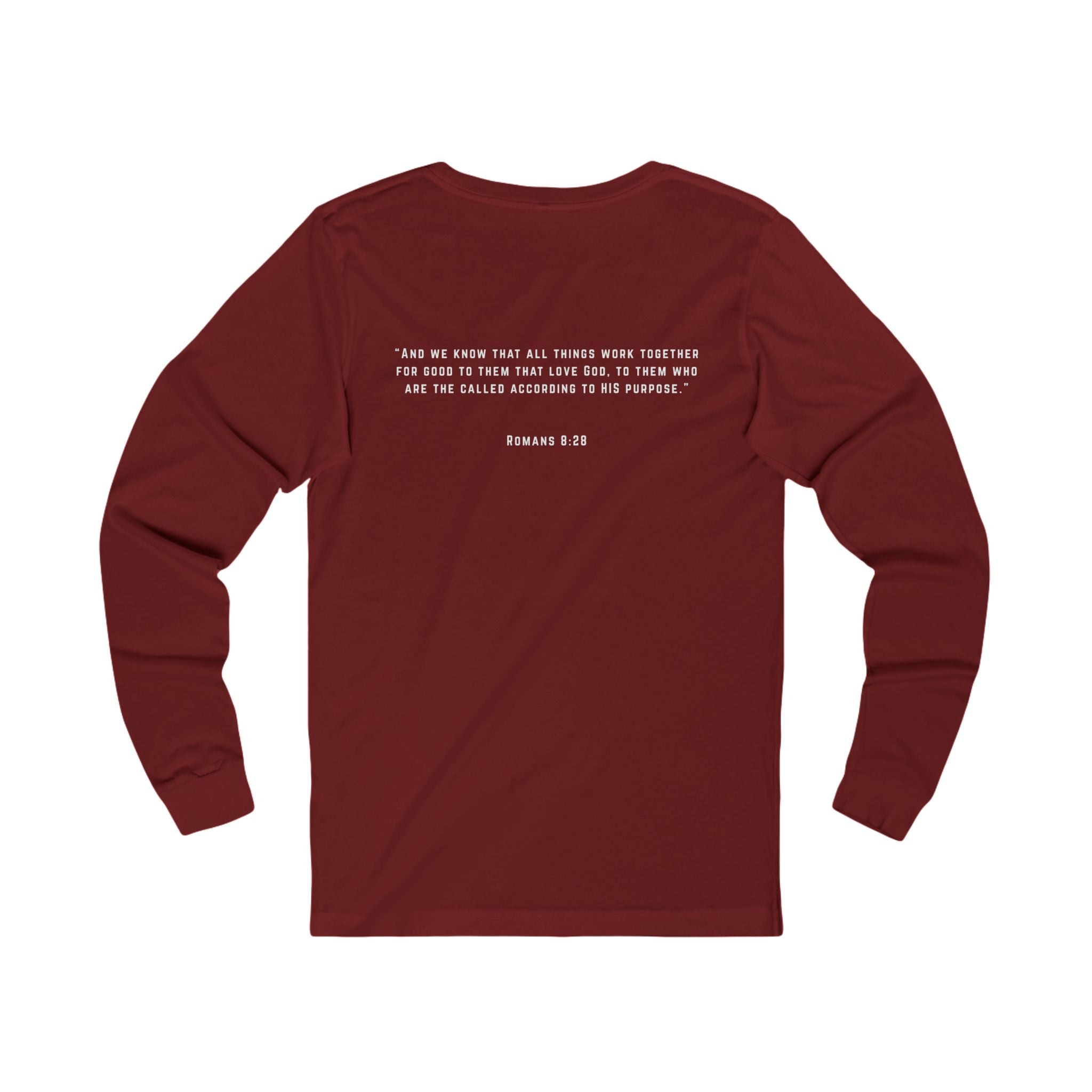 Long Sleeve Tee — 'Romans 8:28' Inspirational Christian Bible Verse Shirt