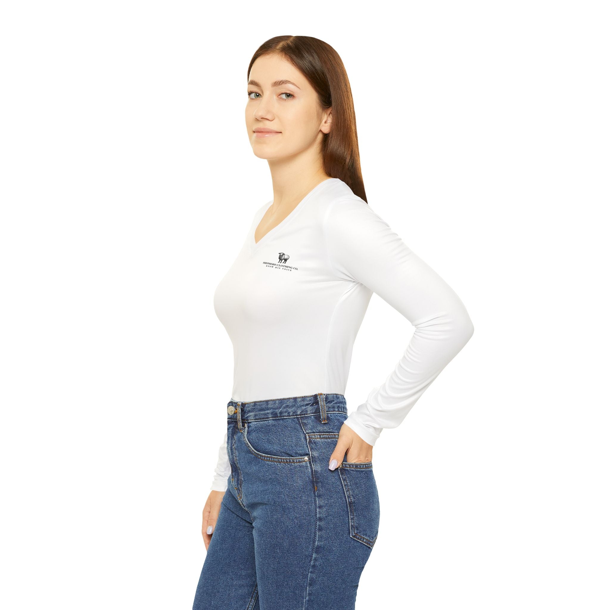 Women’s V‑Neck Long Sleeve Shirt — Minimal Christian Verse Design (Romans 8:28)