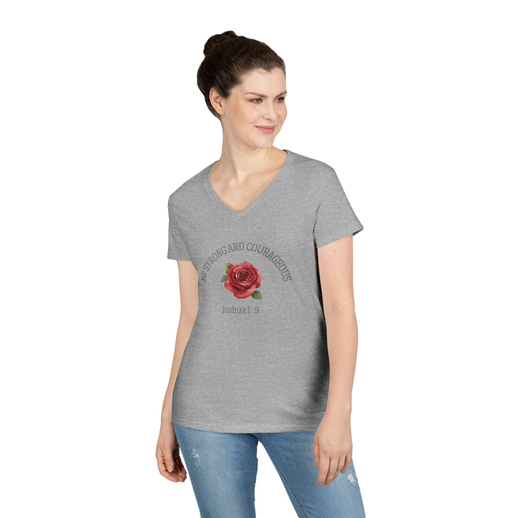 Be Strong and Courageous Rose V-Neck Tee — Joshua 1:9 Inspirational Women's Shirt