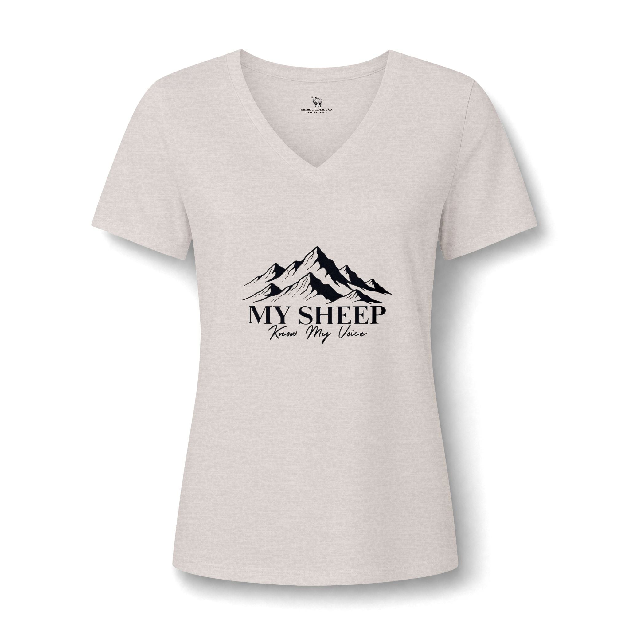 My Sheep Knows My Voice V-Neck Tee — Christian Mountains Graphic Tee