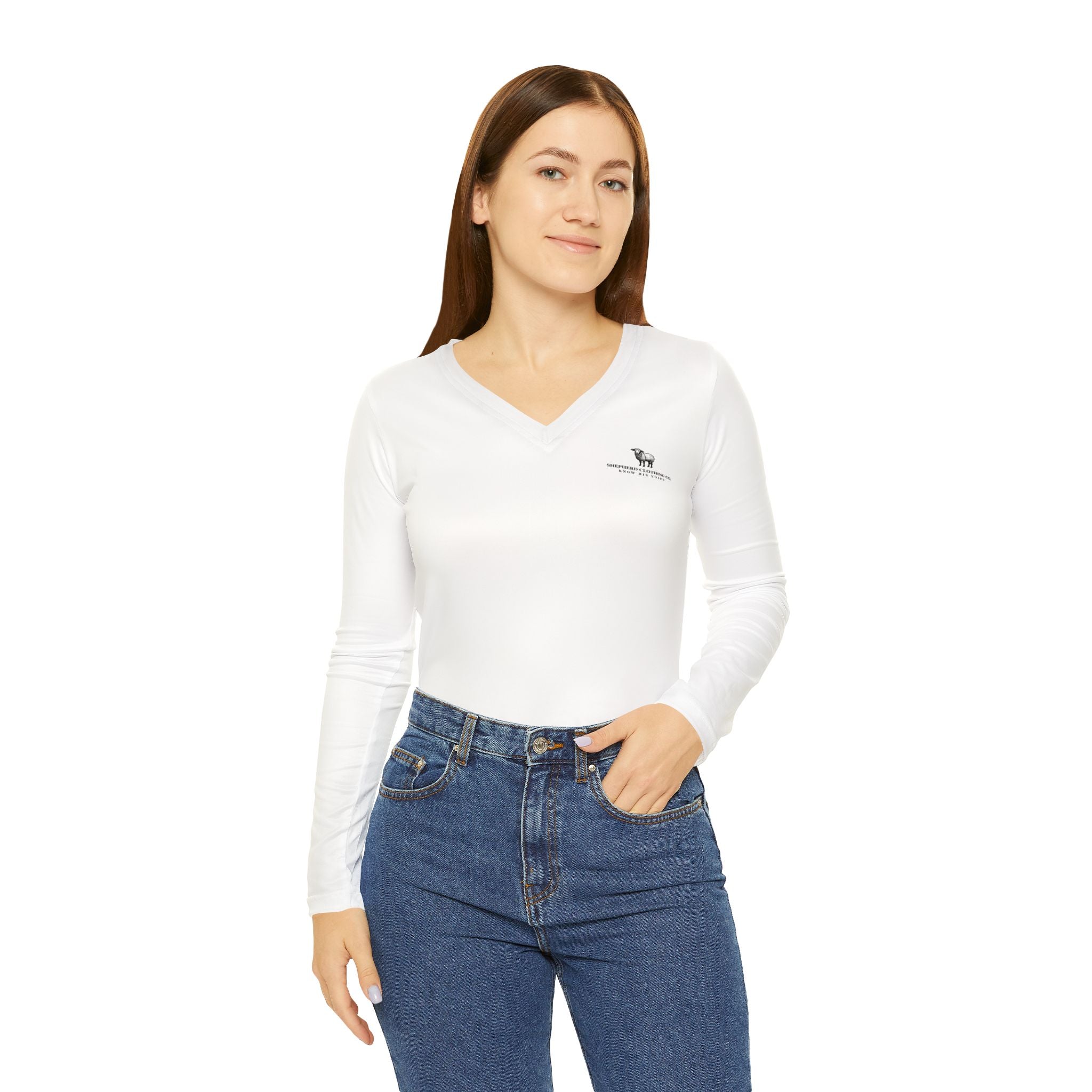 Women’s V‑Neck Long Sleeve Shirt — Minimal Christian Verse Design (Romans 8:28)