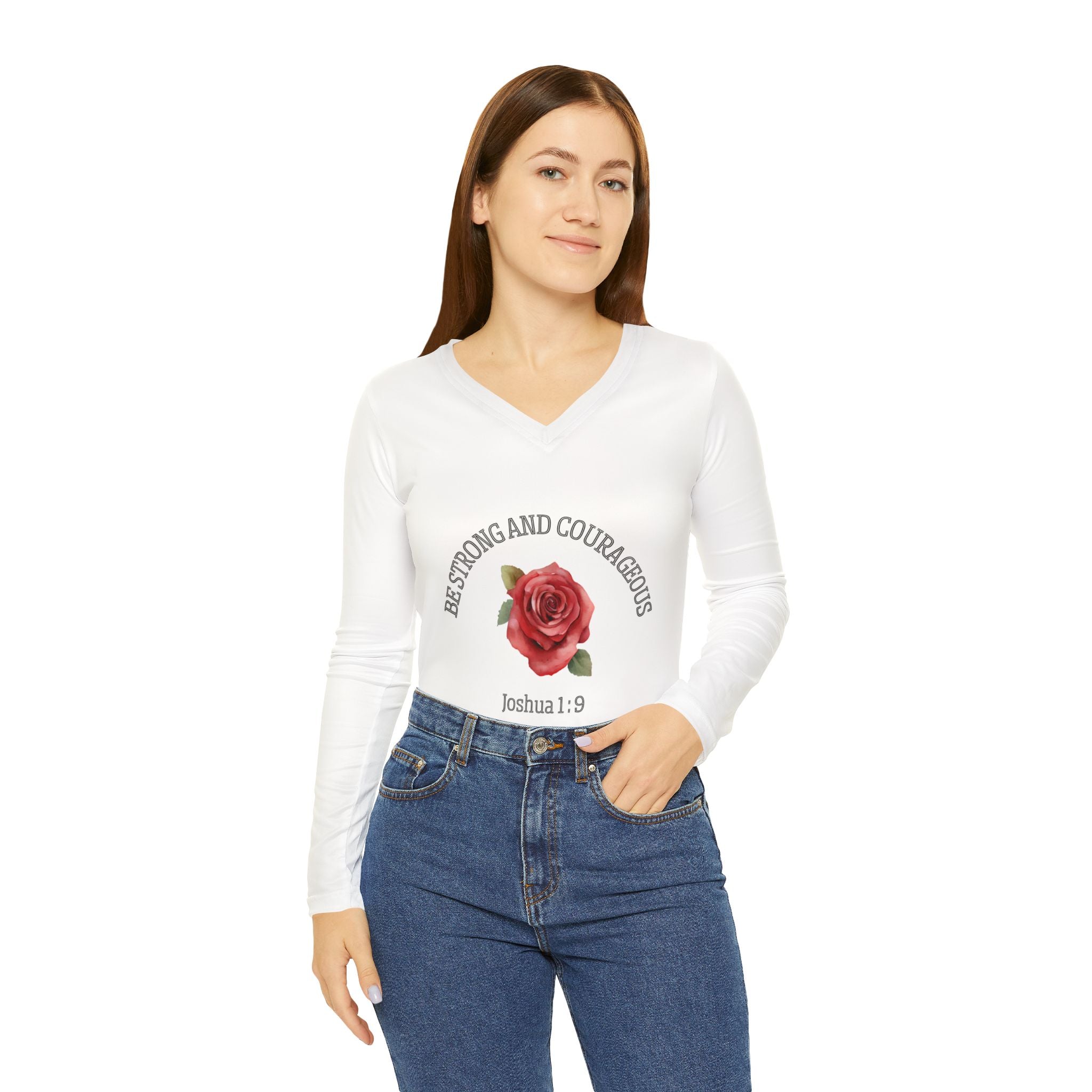 Women’s V-Neck Long Sleeve Shirt — "Be Strong and Courageous" Joshua 1:9 Rose Design (White)