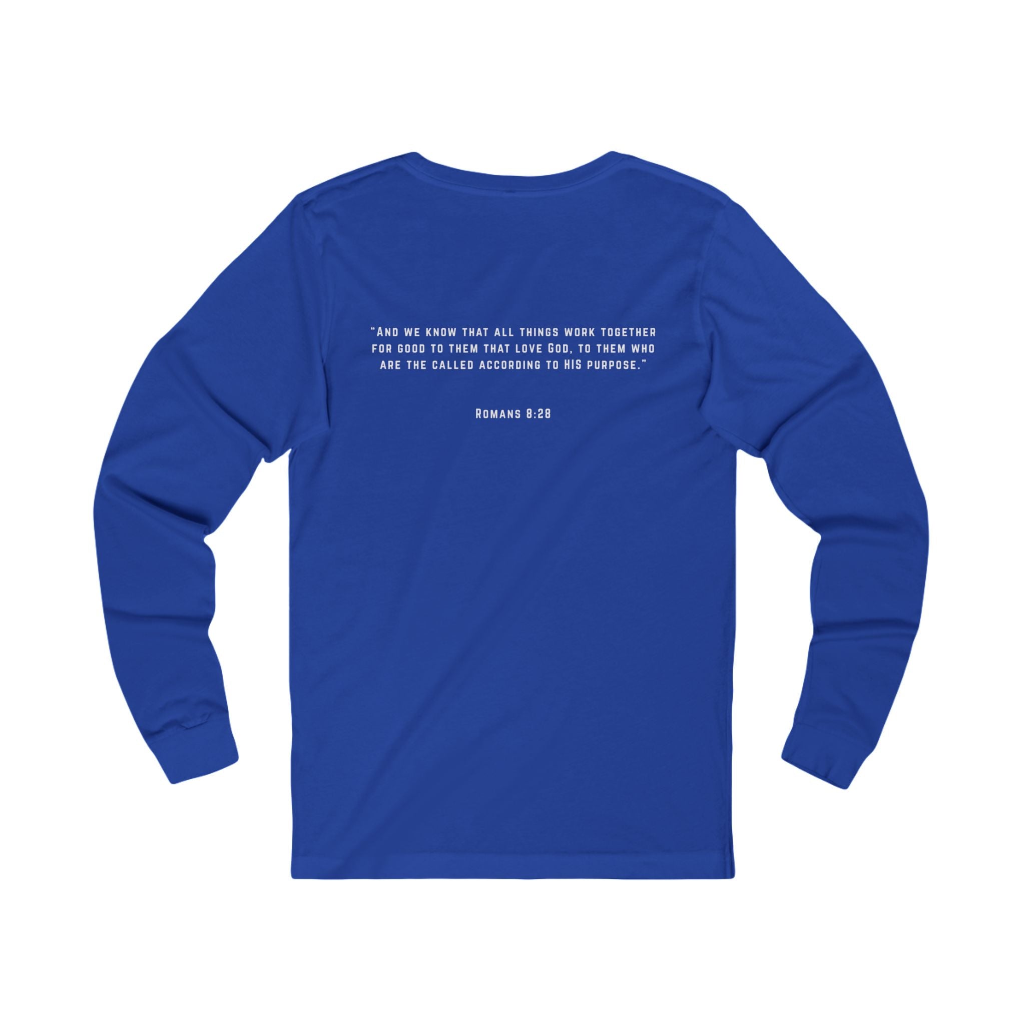 Long Sleeve Tee — 'Romans 8:28' Inspirational Christian Bible Verse Shirt