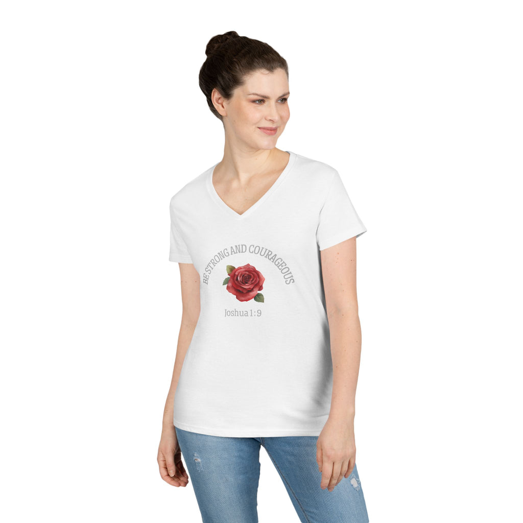 Be Strong and Courageous Rose V-Neck Tee — Joshua 1:9 Inspirational Women's Shirt