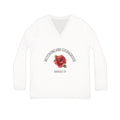 Women’s V-Neck Long Sleeve Shirt — "Be Strong and Courageous" Joshua 1:9 Rose Design (White)