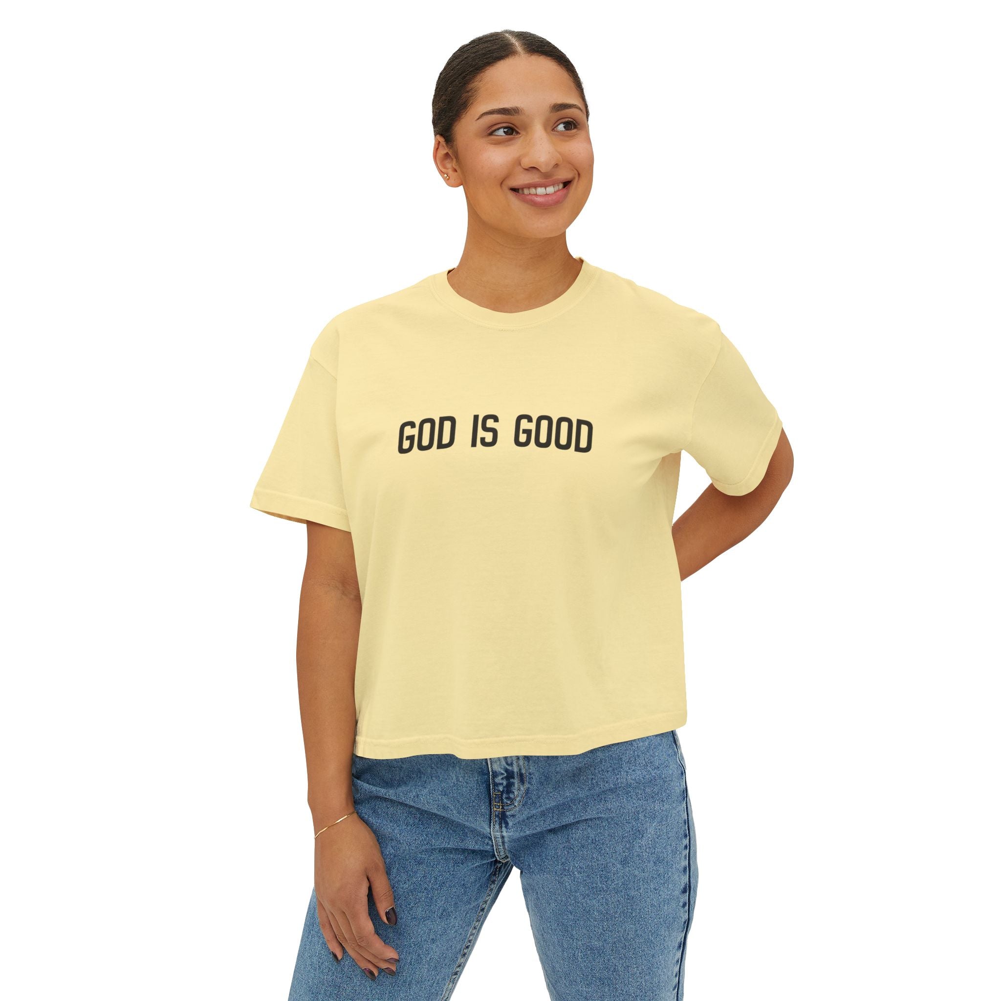 God Is Good Women's Boxy Tee — Faith-Based Casual Crop Top