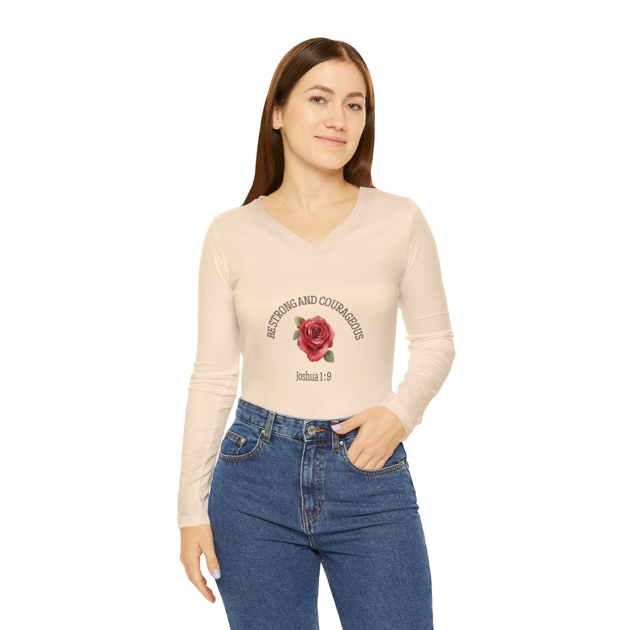 Women’s V-Neck Long Sleeve Shirt — "Be Strong and Courageous" Joshua 1:9 Rose Design