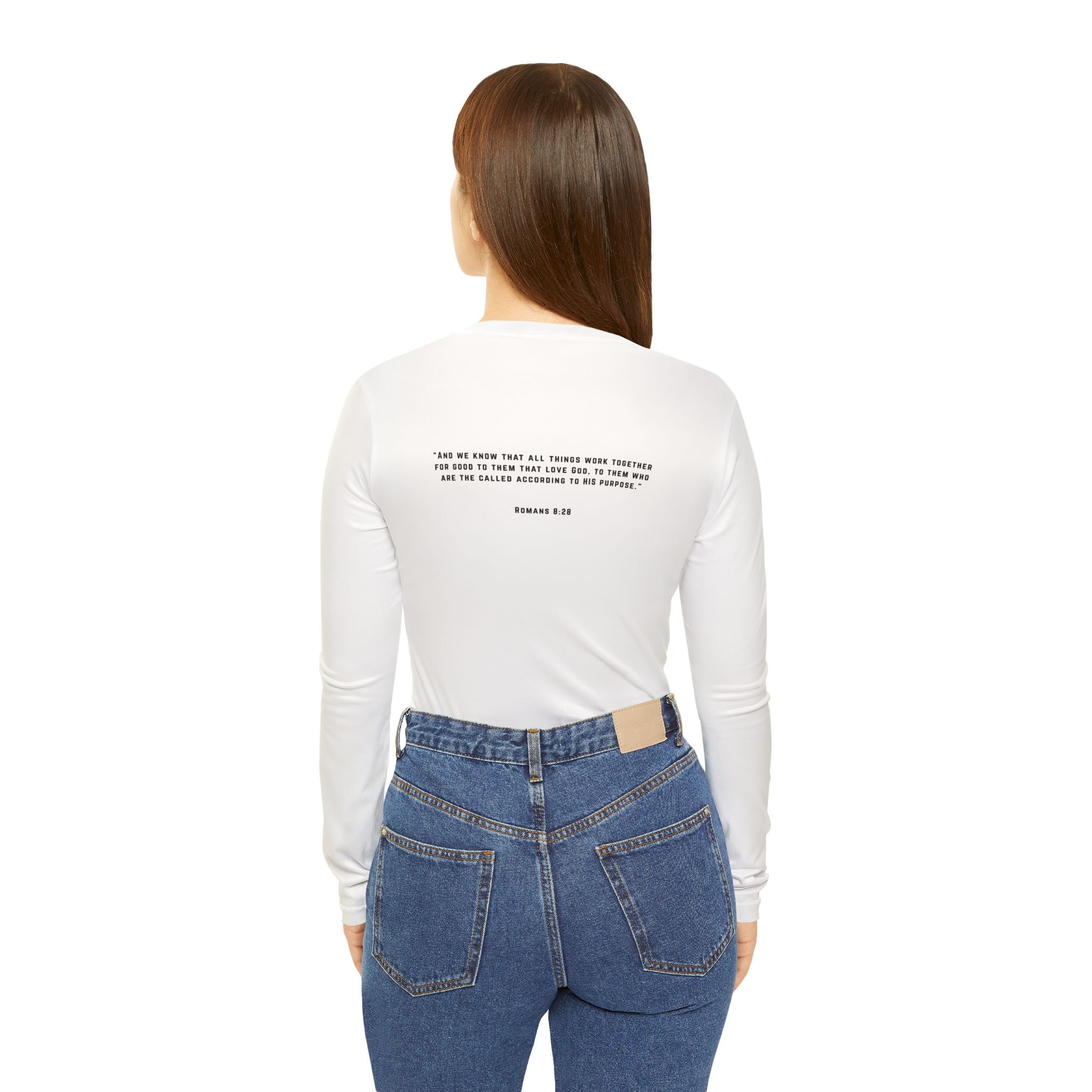 Women’s V‑Neck Long Sleeve Shirt — Minimal Christian Verse Design (Romans 8:28)