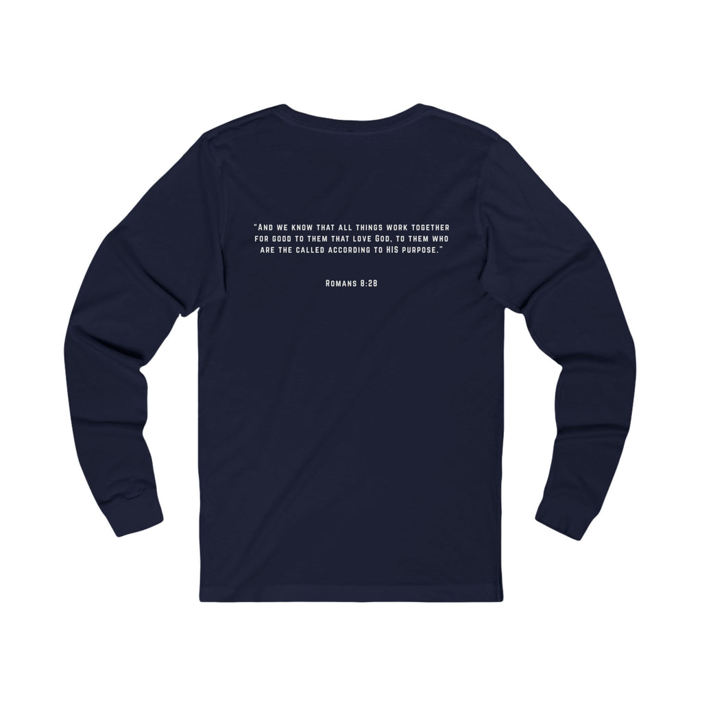Long Sleeve Tee — 'Romans 8:28' Inspirational Christian Bible Verse Shirt