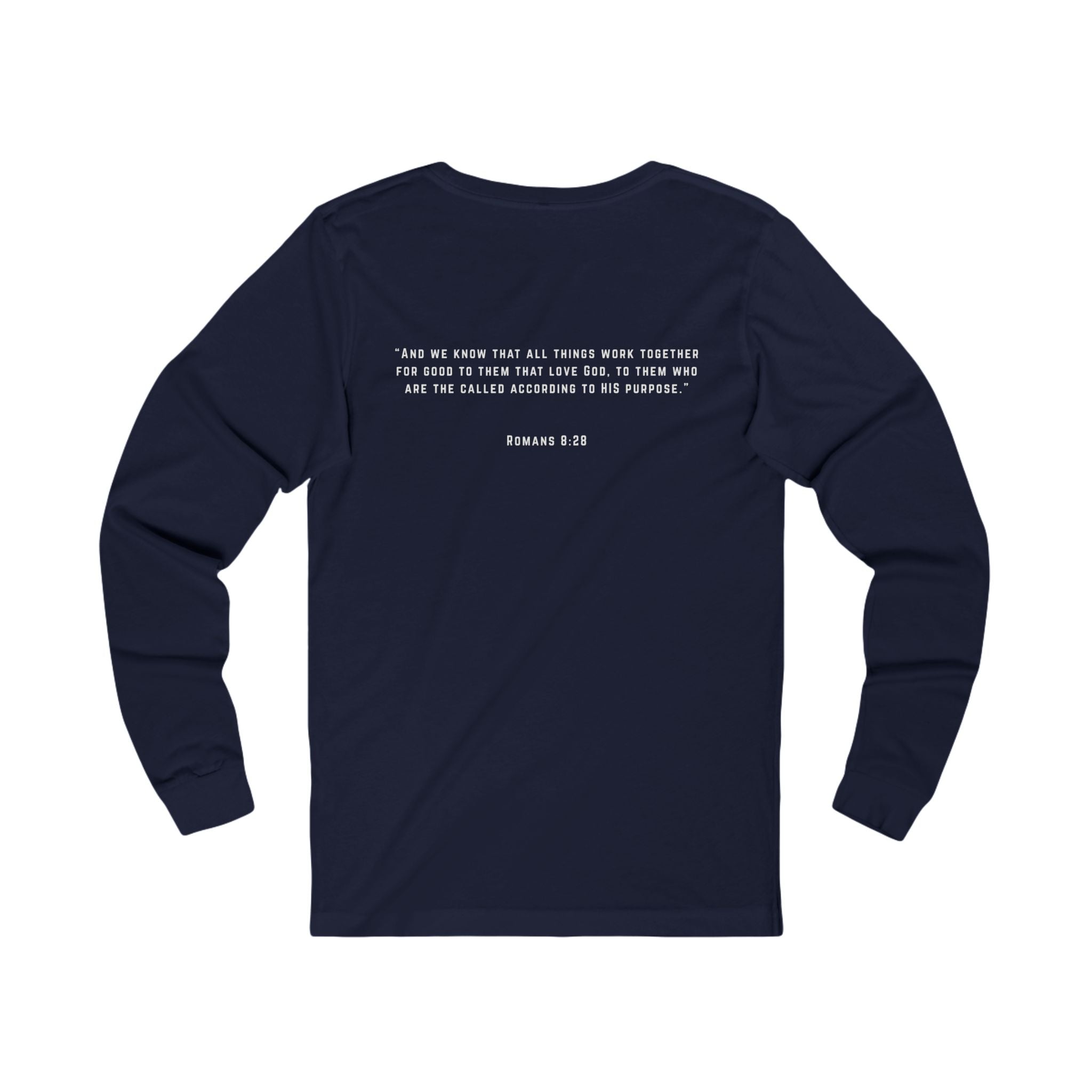 Long Sleeve Tee — 'Romans 8:28' Inspirational Christian Bible Verse Shirt
