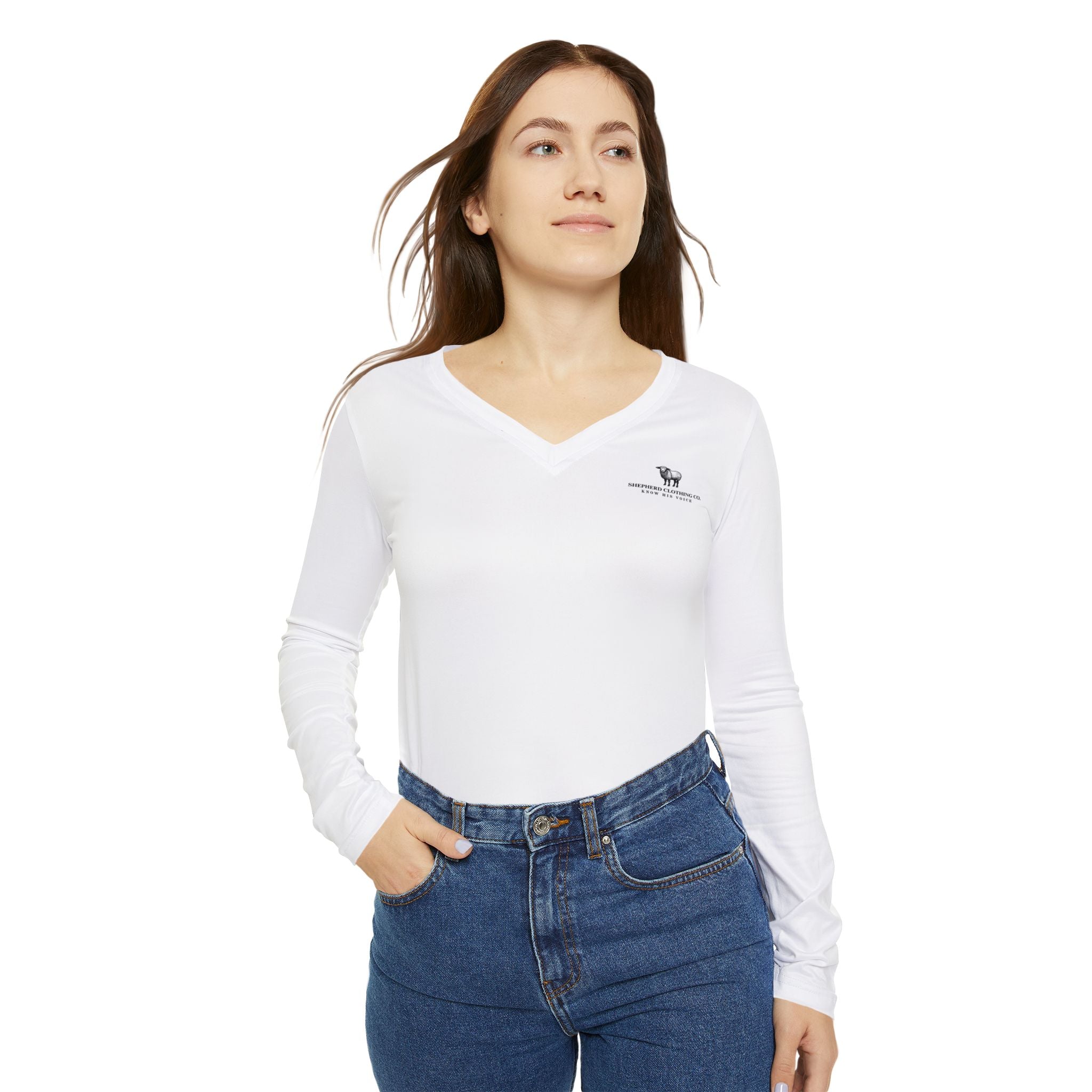 Women’s V‑Neck Long Sleeve Shirt — Minimal Christian Verse Design (Romans 8:28)