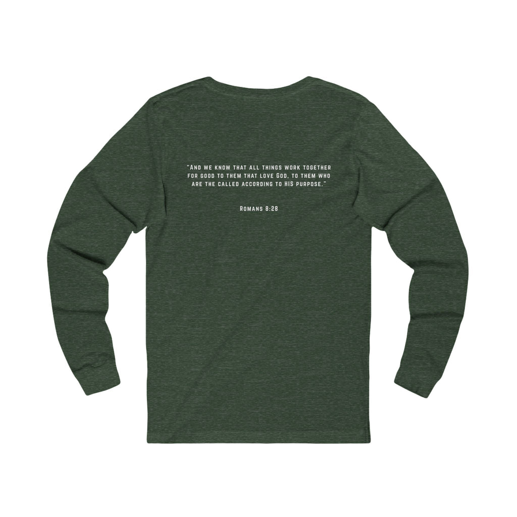 Long Sleeve Tee — 'Romans 8:28' Inspirational Christian Bible Verse Shirt