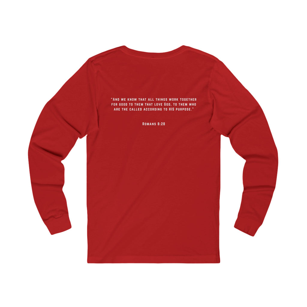 Long Sleeve Tee — 'Romans 8:28' Inspirational Christian Bible Verse Shirt