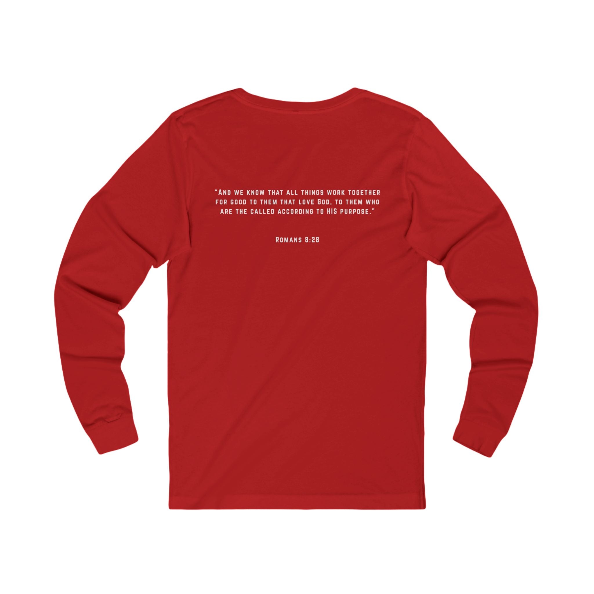 Long Sleeve Tee — 'Romans 8:28' Inspirational Christian Bible Verse Shirt