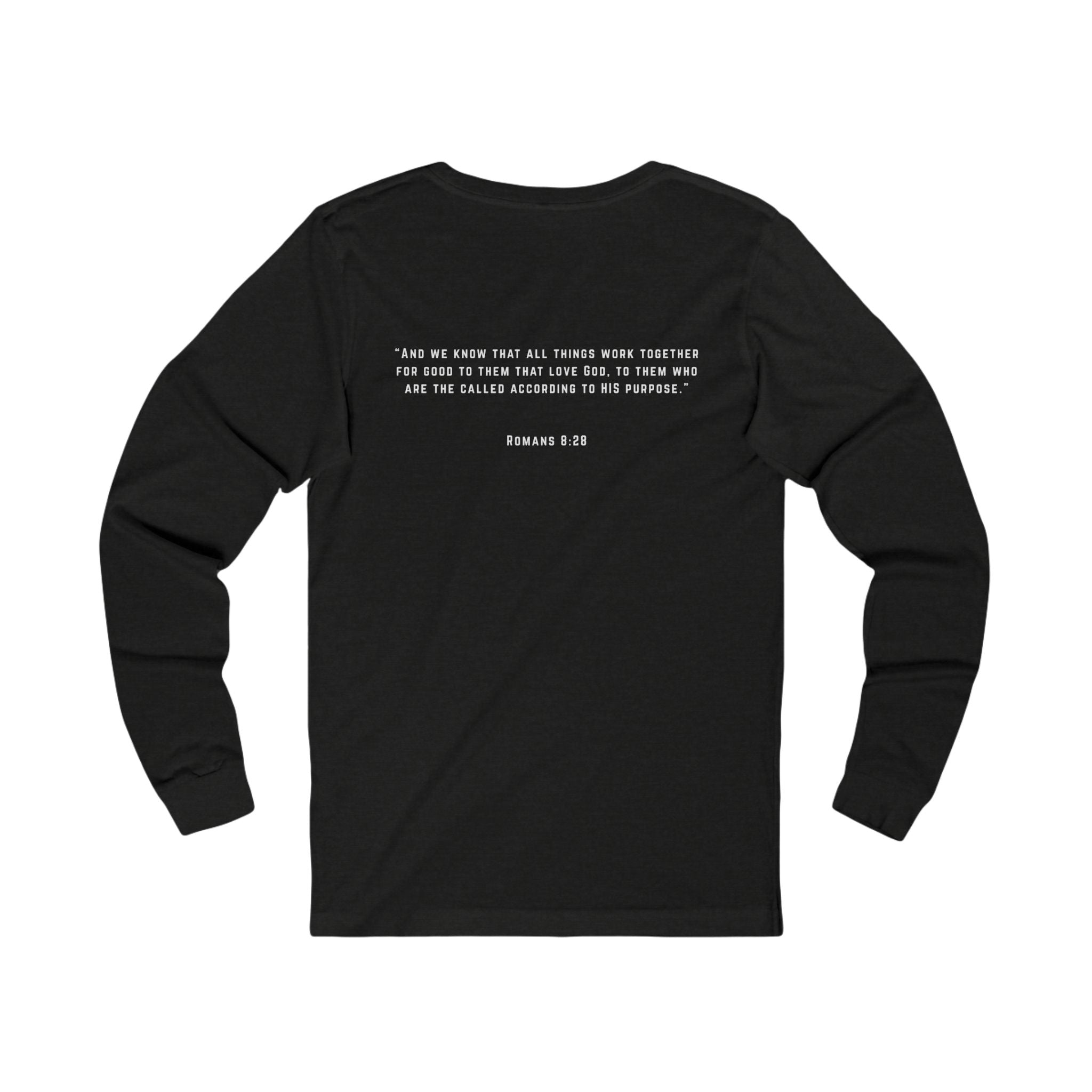 Long Sleeve Tee — 'Romans 8:28' Inspirational Christian Bible Verse Shirt