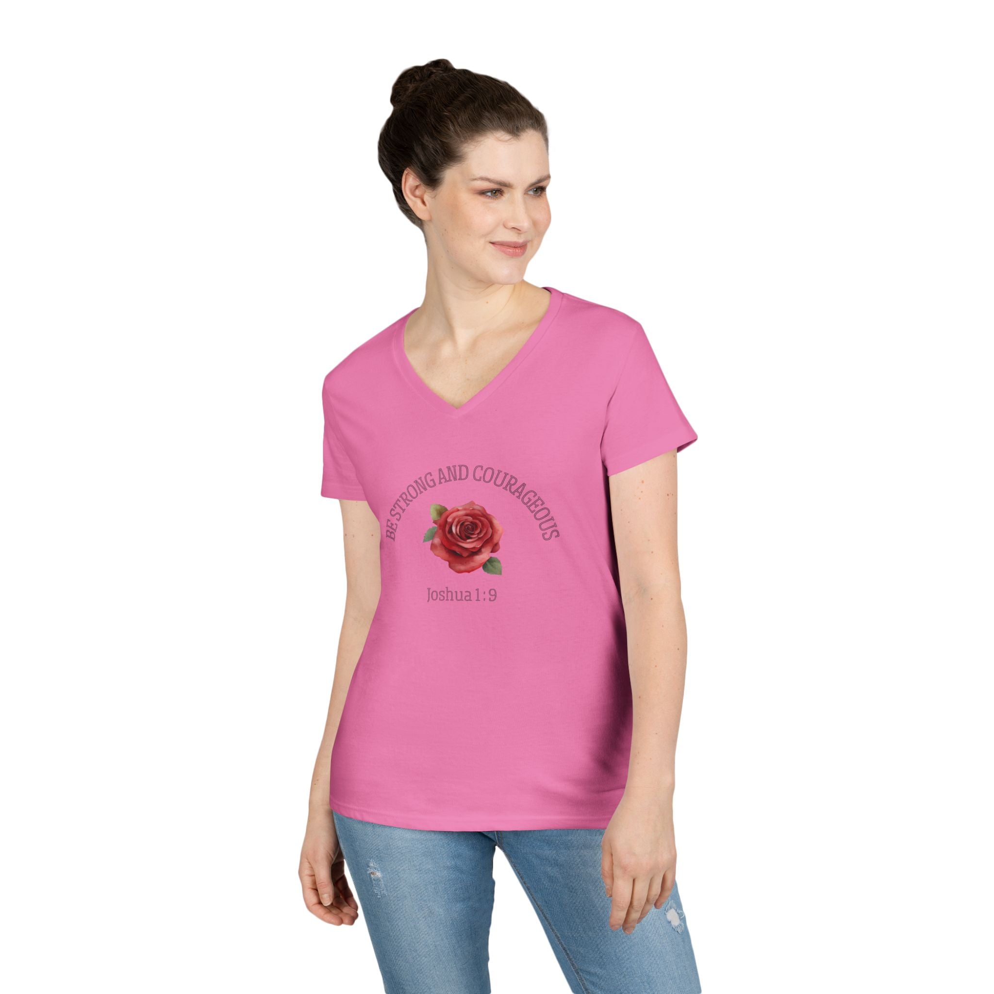 Be Strong and Courageous Rose V-Neck Tee — Joshua 1:9 Inspirational Women's Shirt