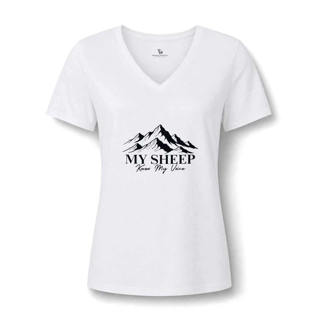 My Sheep Knows My Voice V-Neck Tee — Christian Mountains Graphic Tee