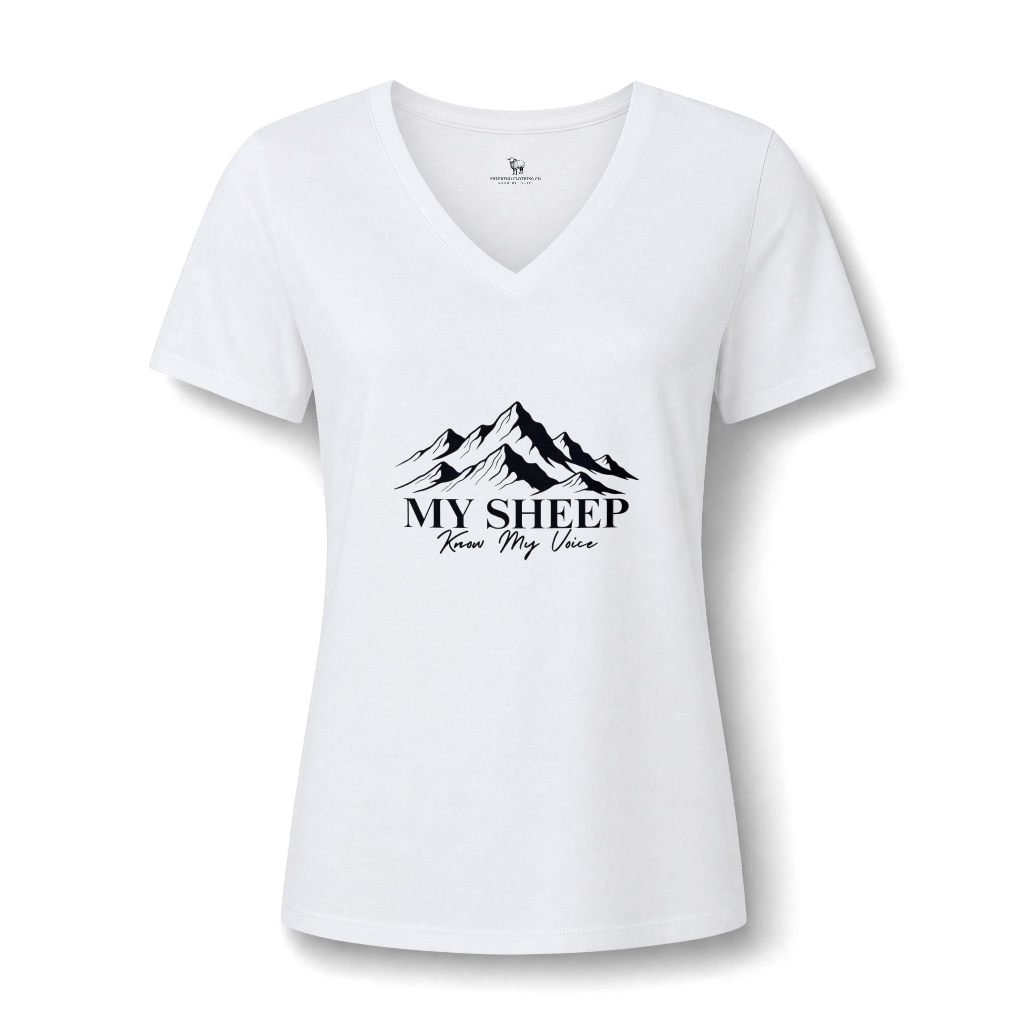 My Sheep Knows My Voice V-Neck Tee — Christian Mountains Graphic Tee
