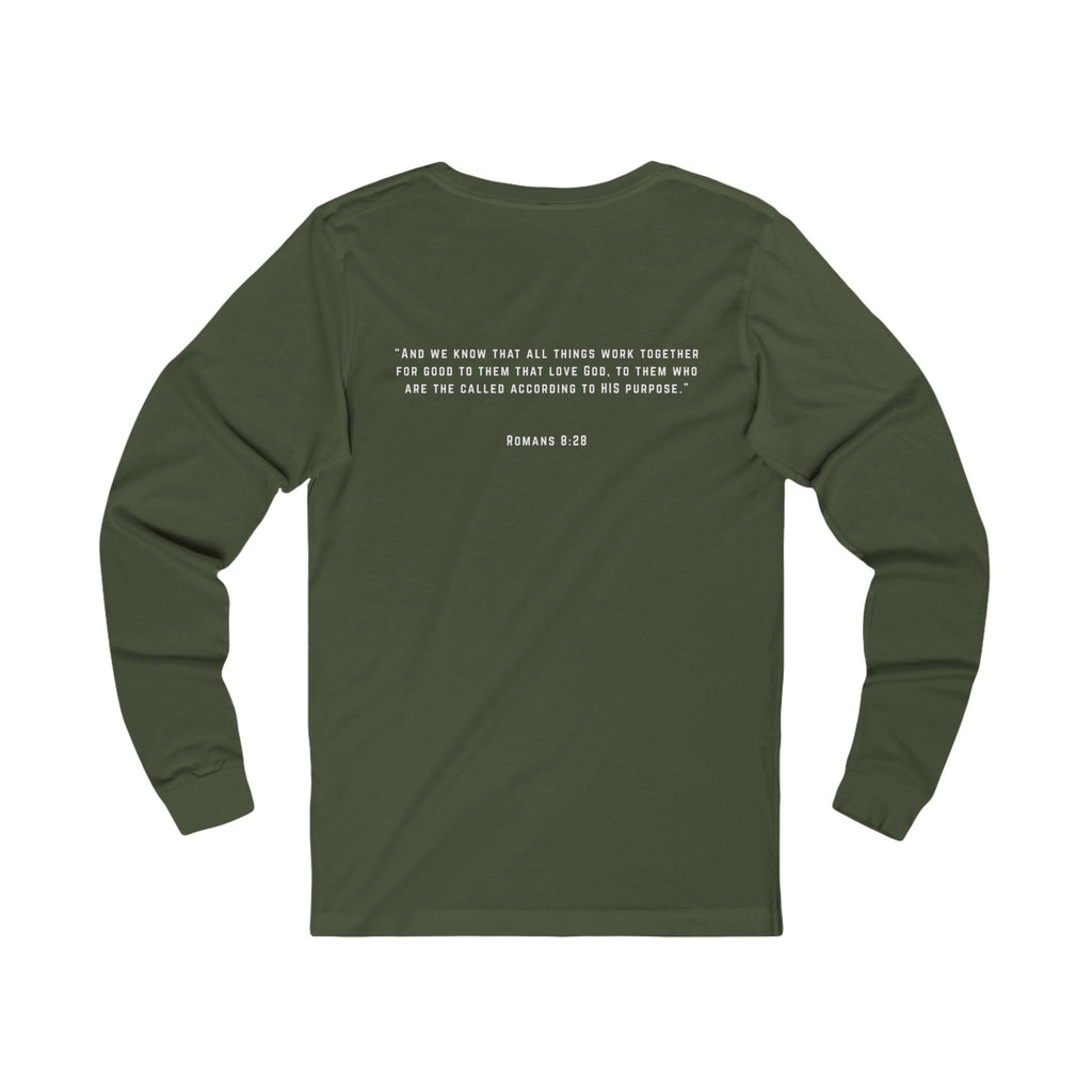 Long Sleeve Tee — 'Romans 8:28' Inspirational Christian Bible Verse Shirt