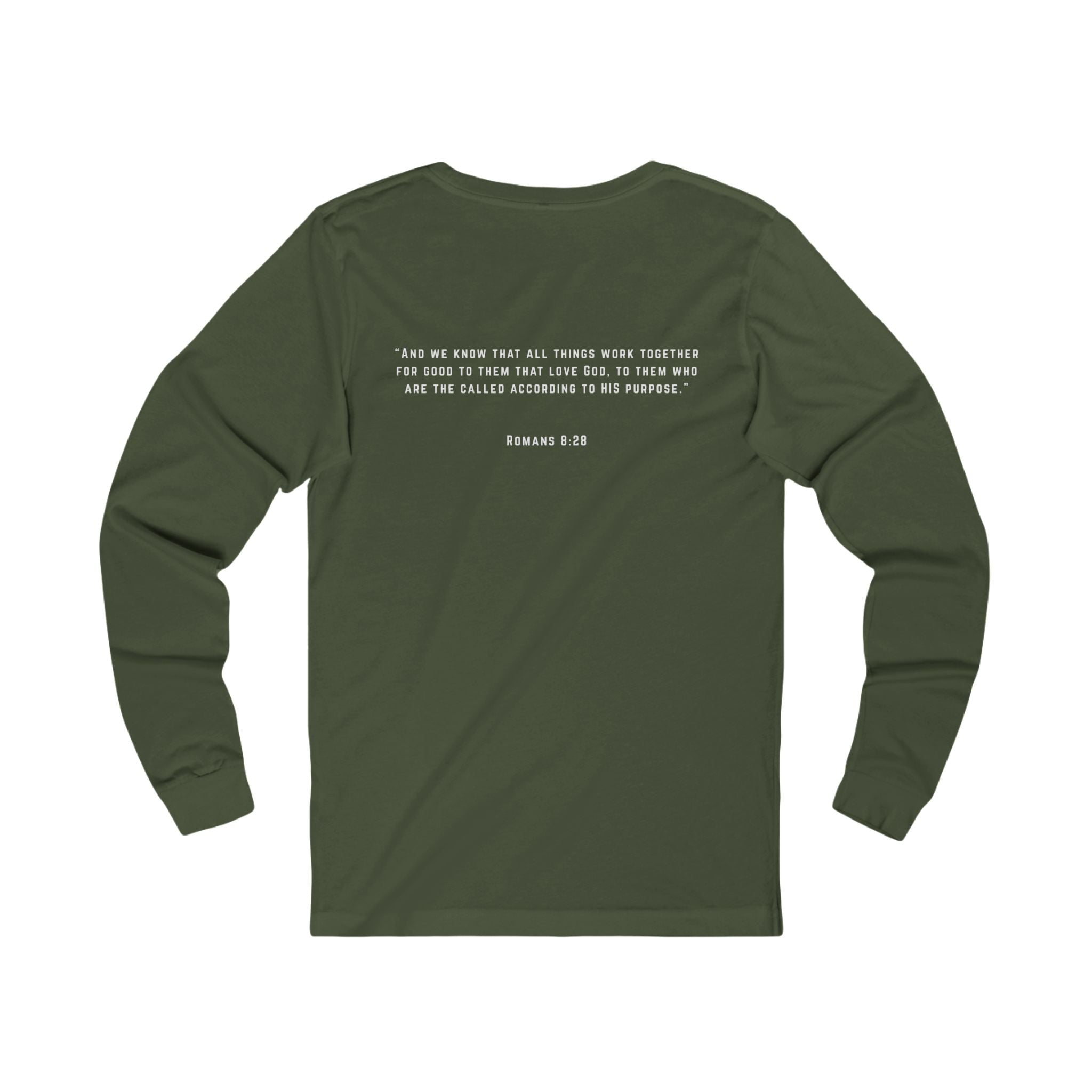 Long Sleeve Tee — 'Romans 8:28' Inspirational Christian Bible Verse Shirt