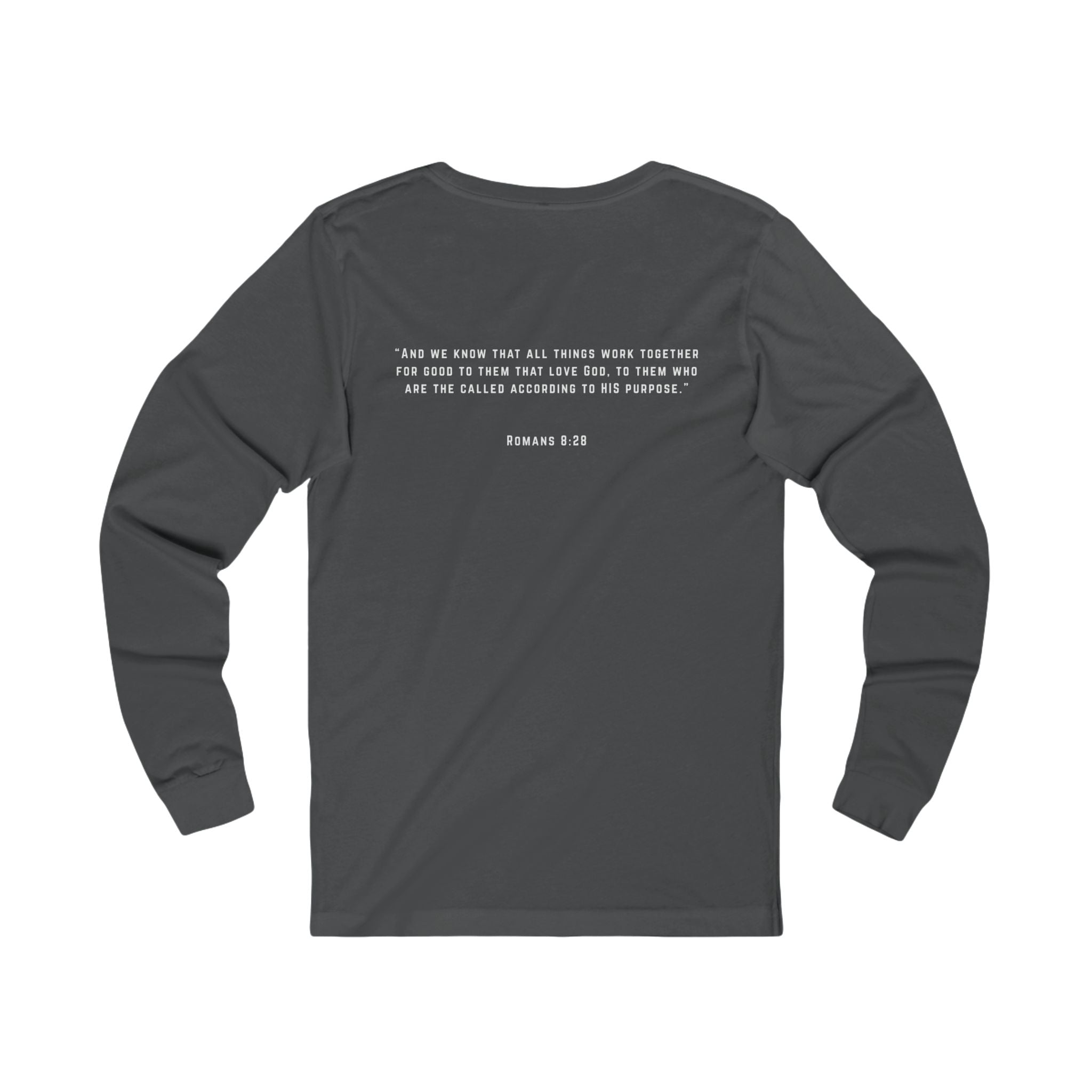 Long Sleeve Tee — 'Romans 8:28' Inspirational Christian Bible Verse Shirt