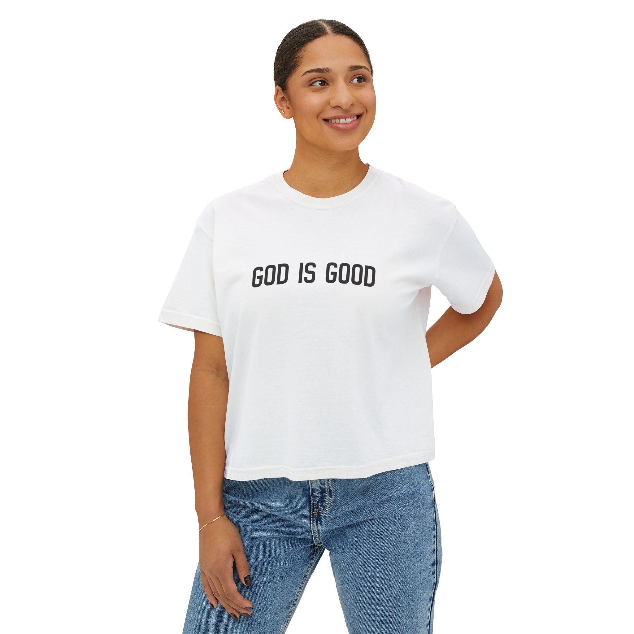 God Is Good Women's Boxy Tee — Faith-Based Casual Crop Top