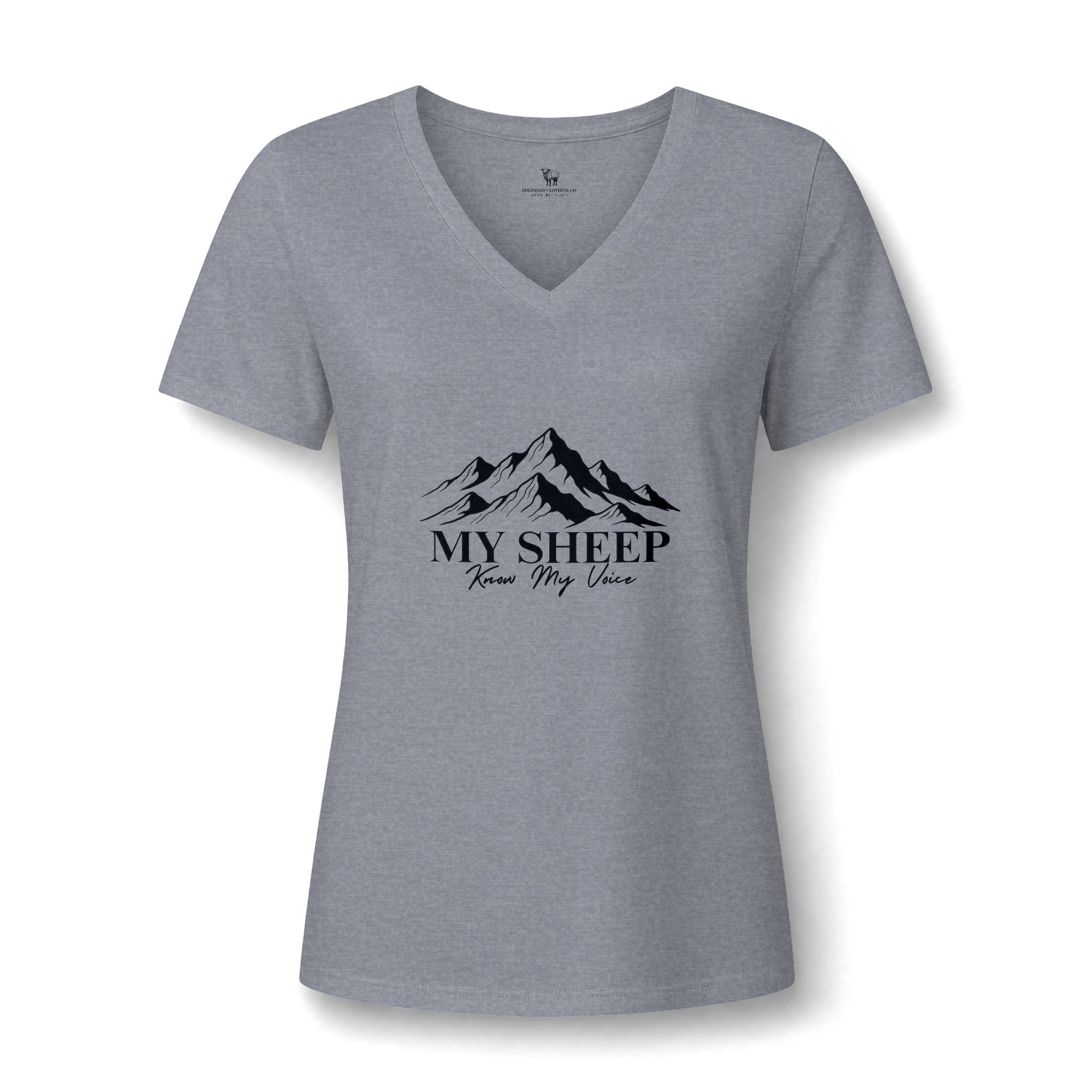 My Sheep Knows My Voice V-Neck Tee — Christian Mountains Graphic Tee