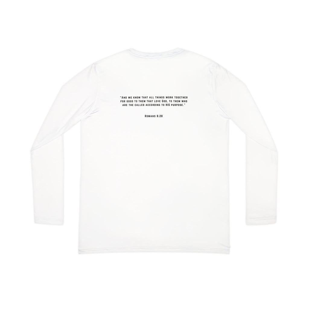 Women’s V‑Neck Long Sleeve Shirt — Minimal Christian Verse Design (Romans 8:28)