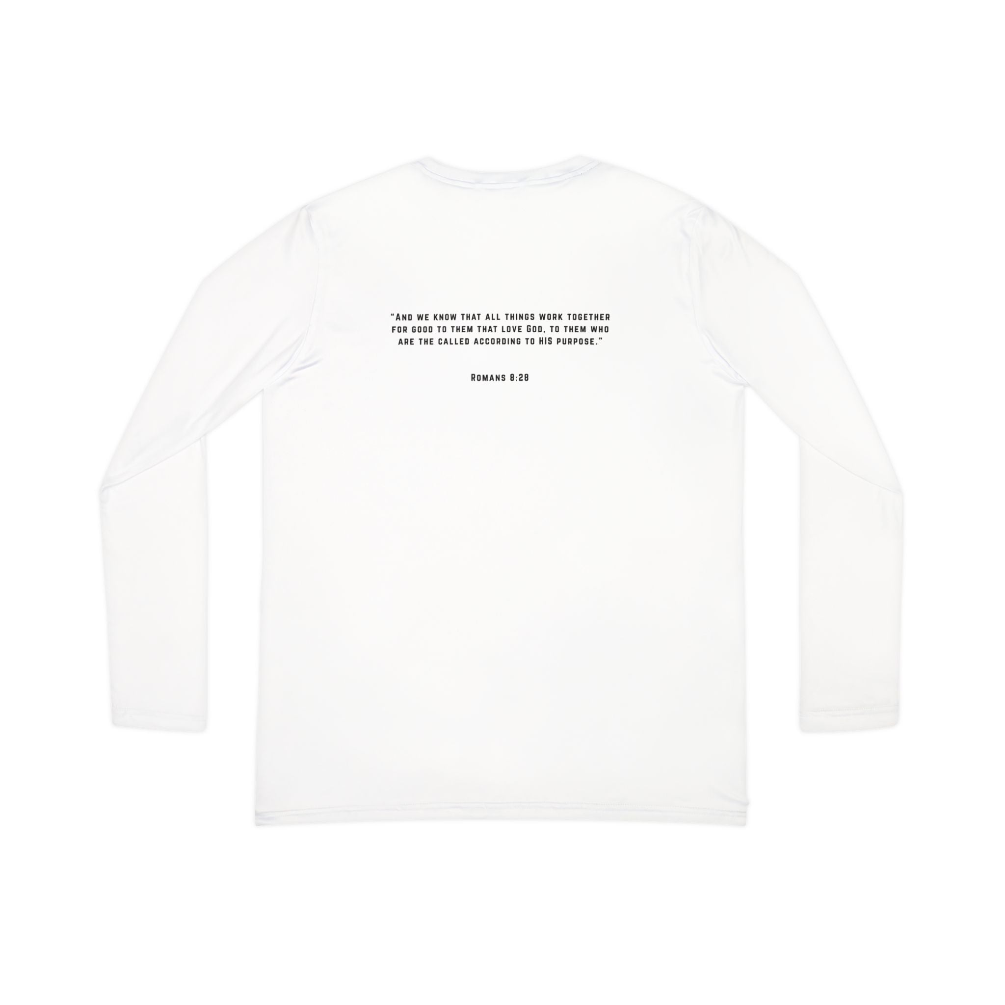 Women’s V‑Neck Long Sleeve Shirt — Minimal Christian Verse Design (Romans 8:28)